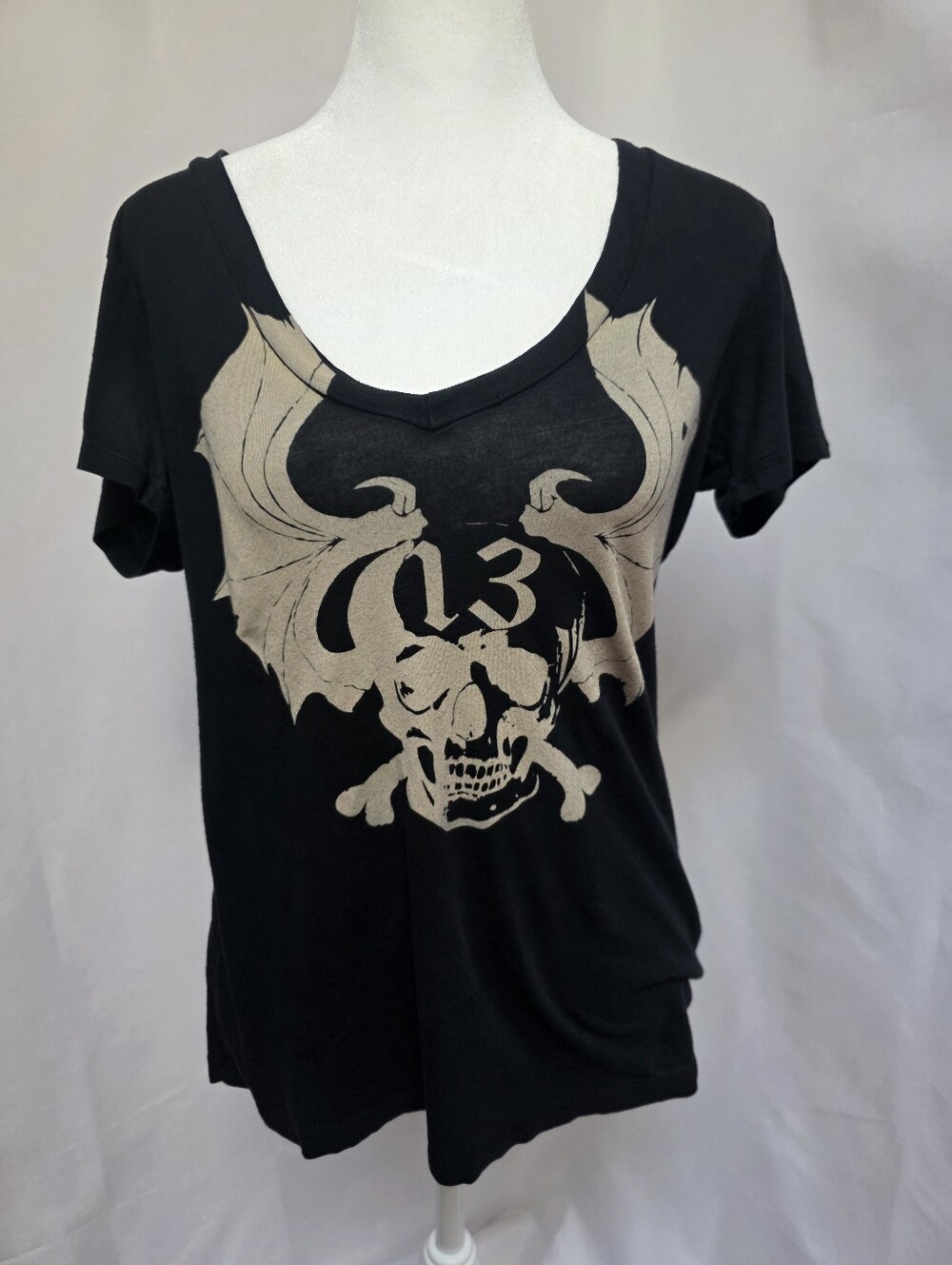 Sweet & Toxic Skull Bat Wings Graphic V Neck Goth Punk T Shirt Black Women's-L